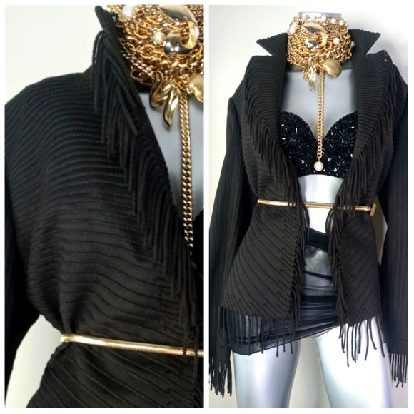 Company Ellen Tracy Open Front Fringe Chocolate Striped Cotton Blend Jacket - Picture 5 of 13